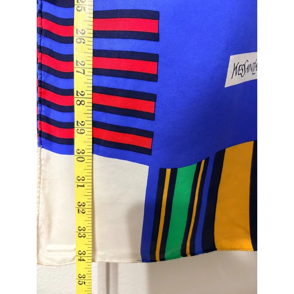 Vintage Yves Saint Laurent Silk Scarf Blue Striped Geometric Square 34in